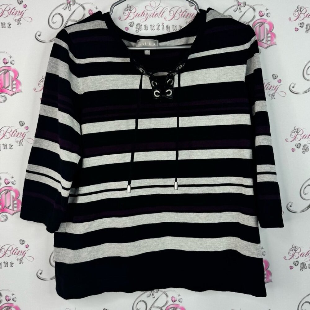 Laura long sleeve stripe pull over Women's Striped Black grey Top lace up